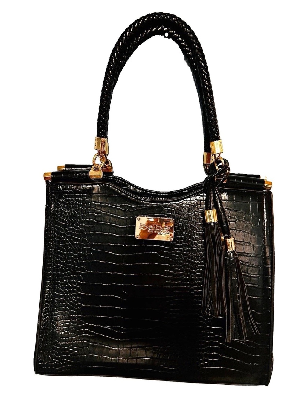 Bebe Black Croc-Embossed Satchel with Gold Accents